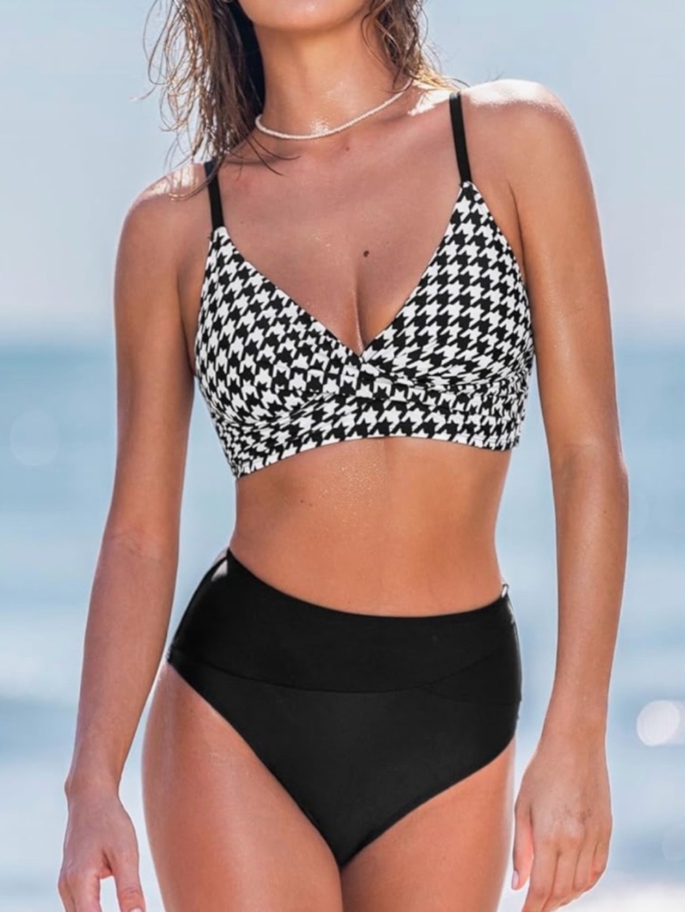 Cupshe Houndstooth Bikini Twist Bandeau Top High Waisted Black Bottom M NWT